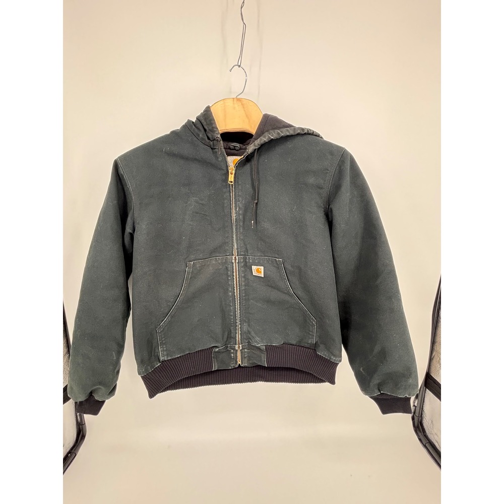 Carhartt J140 BLK Duck Active Jacket Mens Large Black Quilted Flannel Hooded